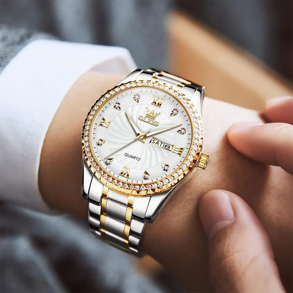 to Read Analog Quartz Watch with Day and Date, Classic Waterproof Diamond Roman bubble Arabic Numerals Dial Dress Watch for Men, Gold Silver Black Band Men's Casual Stainless Steel Watch, Big Face Easy 