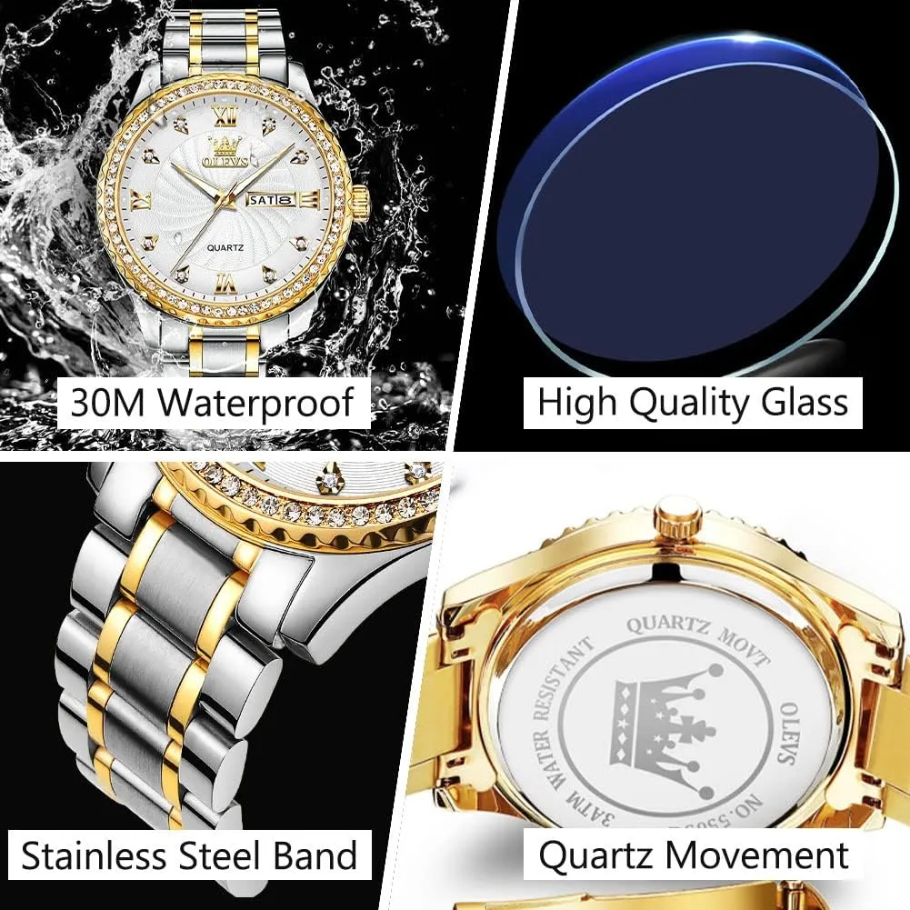 to Read Analog Quartz Watch with Day and Date, Classic Waterproof Diamond Roman bubble Arabic Numerals Dial Dress Watch for Men, Gold Silver Black Band Men's Casual Stainless Steel Watch, Big Face Easy 