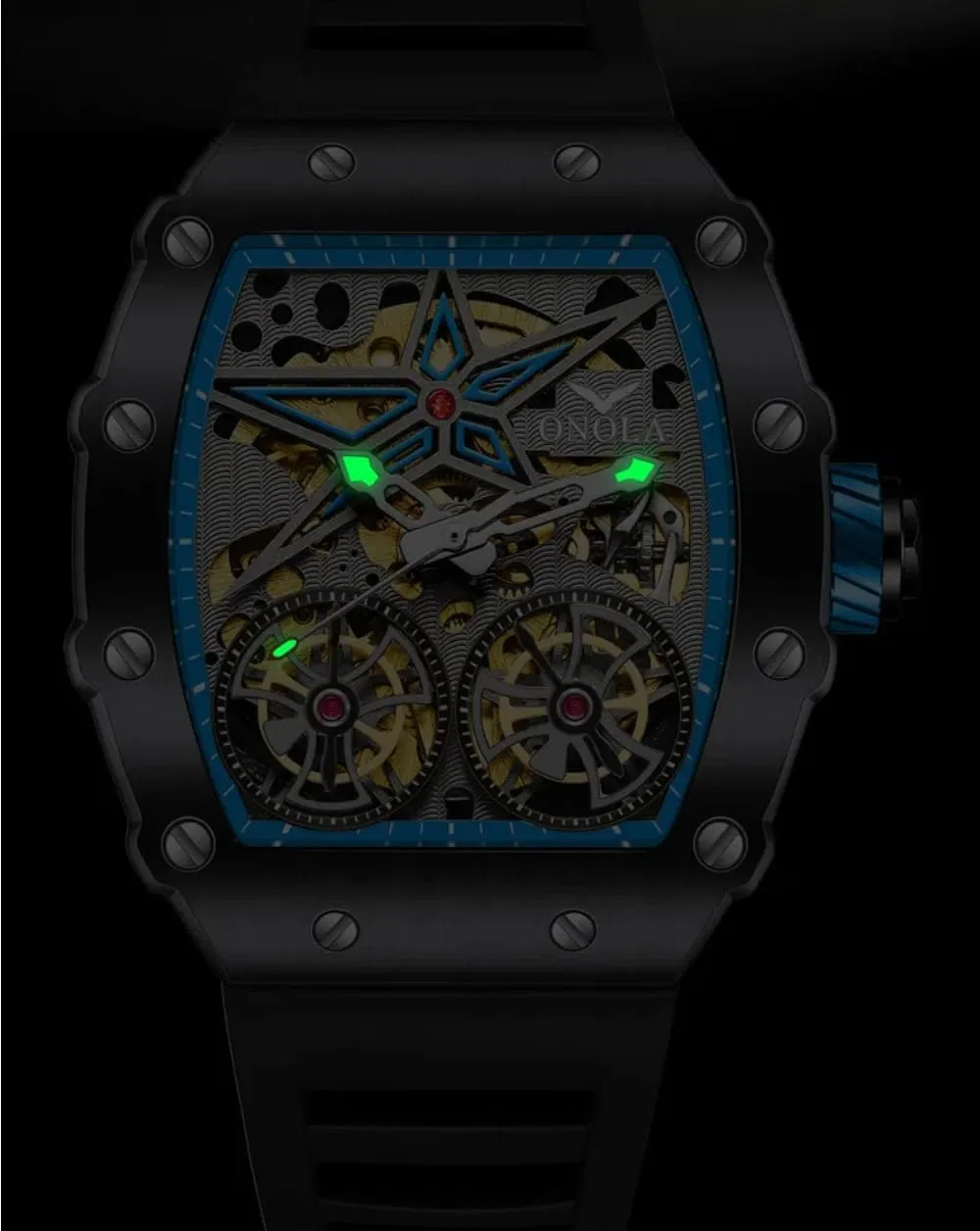 Tourbillon black finalize conceive inherit Hollow Out Watches Waterproof Luminous Sports Mechanical Wristwatch Fashion Tonneau Automatic Watch for Men Vintage Double 