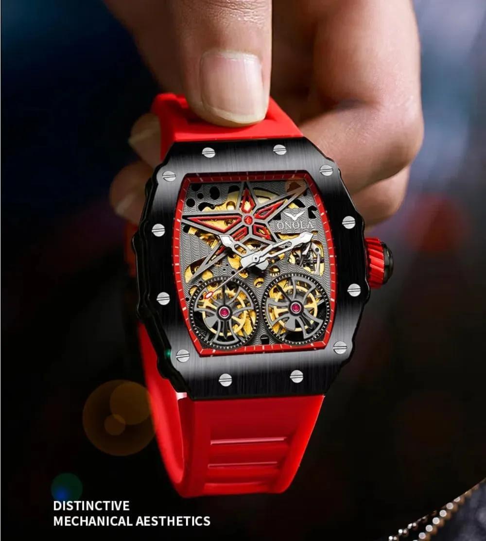 Tourbillon black finalize conceive inherit Hollow Out Watches Waterproof Luminous Sports Mechanical Wristwatch Fashion Tonneau Automatic Watch for Men Vintage Double 