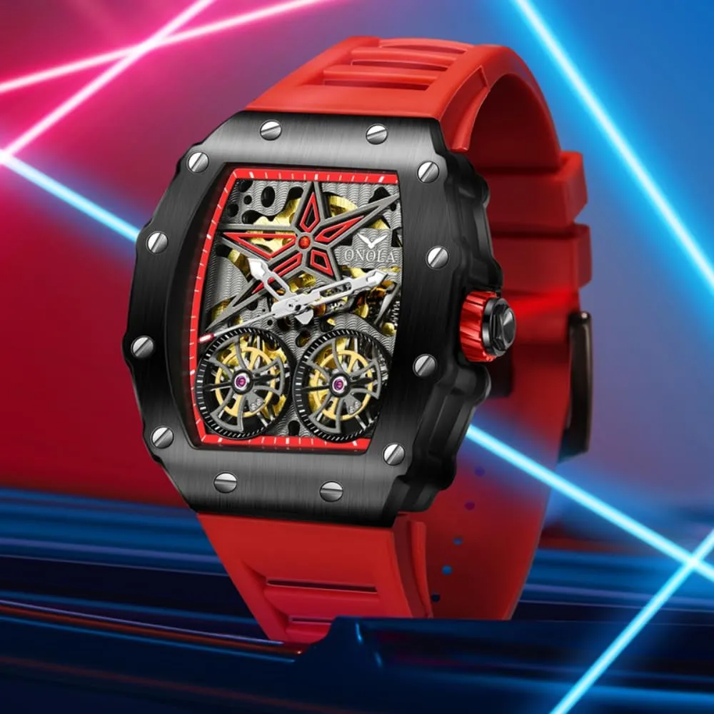 Tourbillon black finalize conceive inherit Hollow Out Watches Waterproof Luminous Sports Mechanical Wristwatch Fashion Tonneau Automatic Watch for Men Vintage Double 