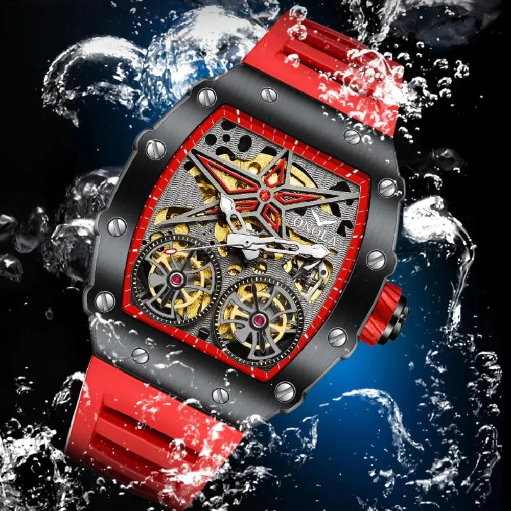 Tourbillon black finalize conceive inherit Hollow Out Watches Waterproof Luminous Sports Mechanical Wristwatch Fashion Tonneau Automatic Watch for Men Vintage Double 