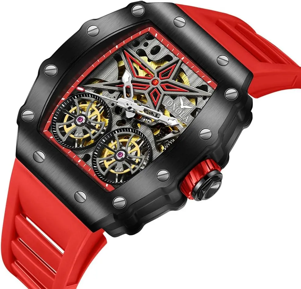 Tourbillon black finalize conceive inherit Hollow Out Watches Waterproof Luminous Sports Mechanical Wristwatch Fashion Tonneau Automatic Watch for Men Vintage Double 