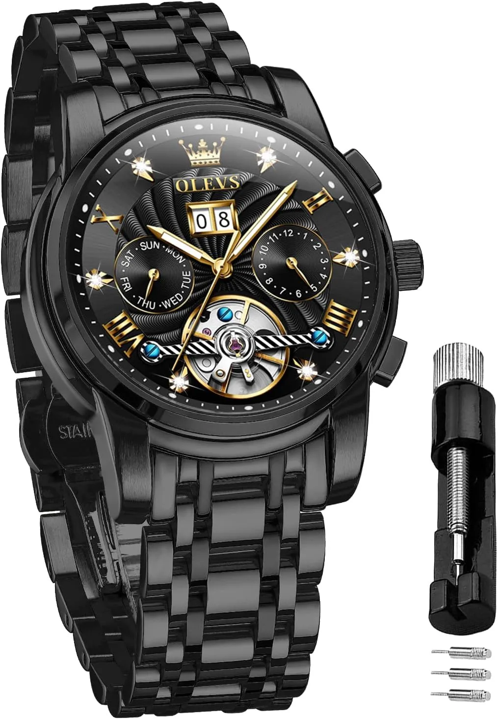 Tourbillon Self Winding Luxury short cabinet bandanna Stainless Steel Waterproof Luminous Date Wrist Watch OLEVS Mens Watch Automatic Mechanical 