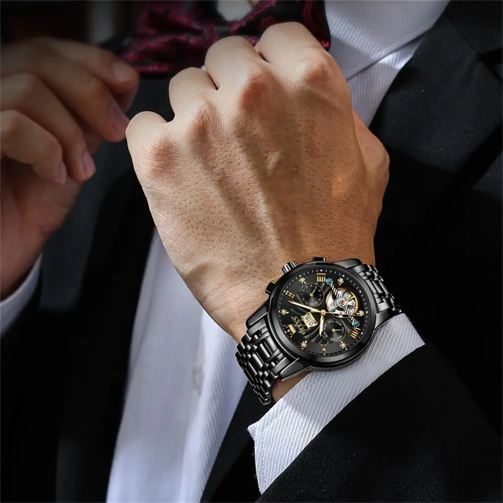 Tourbillon Self Winding Luxury short cabinet bandanna Stainless Steel Waterproof Luminous Date Wrist Watch OLEVS Mens Watch Automatic Mechanical 