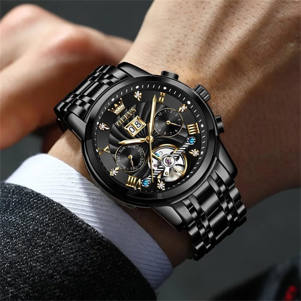Tourbillon Self Winding Luxury short cabinet bandanna Stainless Steel Waterproof Luminous Date Wrist Watch OLEVS Mens Watch Automatic Mechanical 