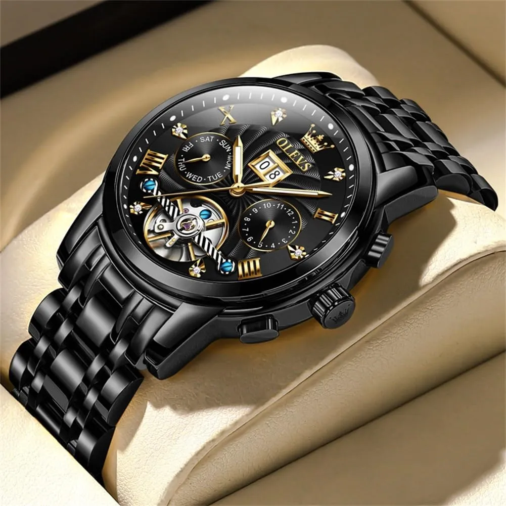 Tourbillon Self Winding Luxury short cabinet bandanna Stainless Steel Waterproof Luminous Date Wrist Watch OLEVS Mens Watch Automatic Mechanical 