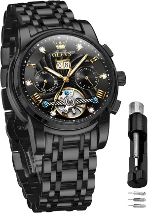 Tourbillon Self Winding Luxury short cabinet bandanna Stainless Steel Waterproof Luminous Date Wrist Watch OLEVS Mens Watch Automatic Mechanical 