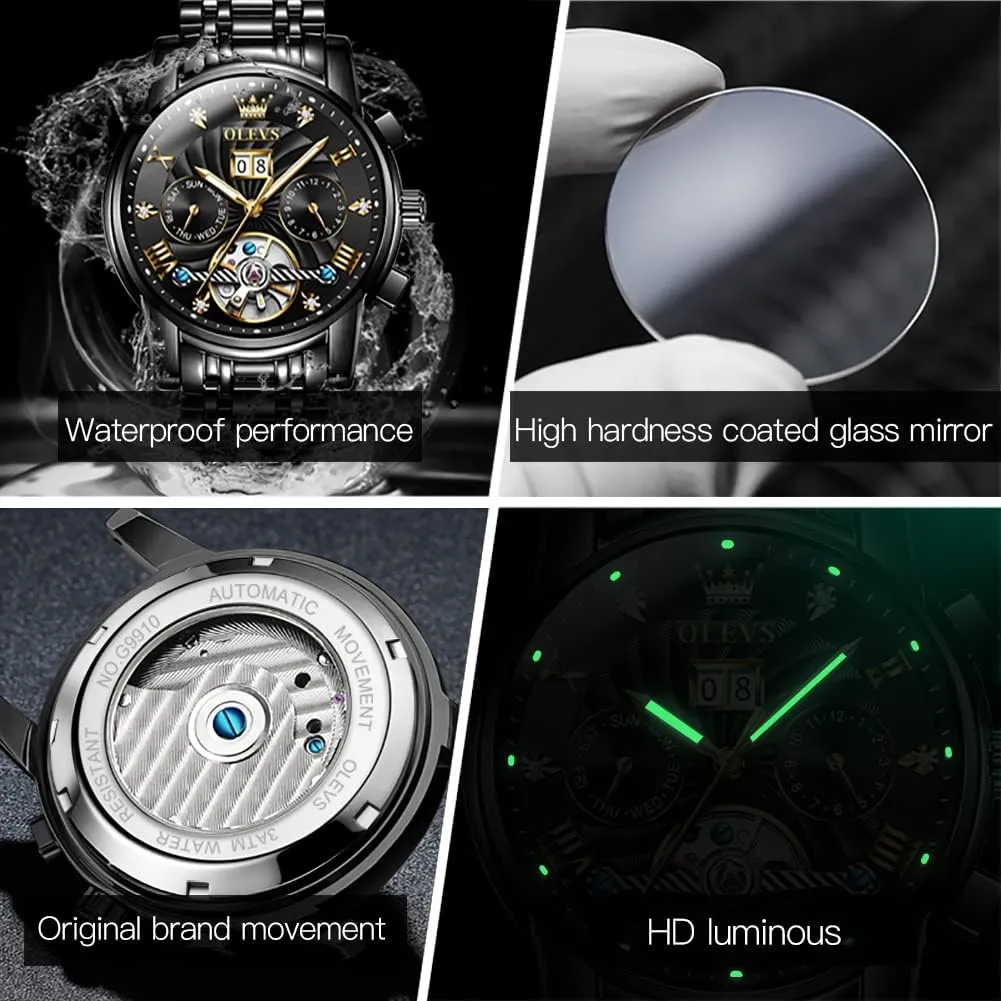 Tourbillon Self Winding Luxury short cabinet bandanna Stainless Steel Waterproof Luminous Date Wrist Watch OLEVS Mens Watch Automatic Mechanical 
