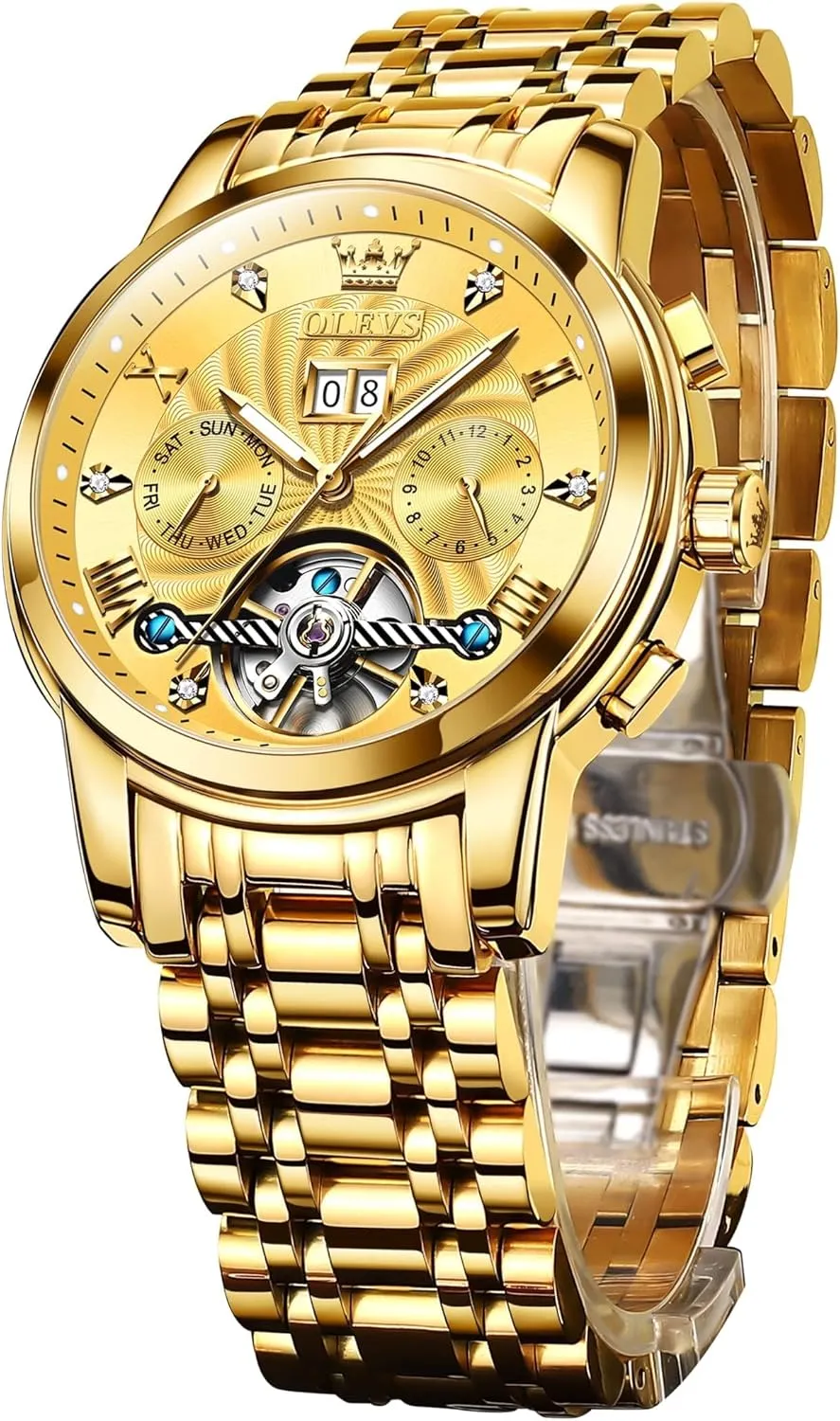 Tourbillon Wristwatch for Men OLEVS Men's Automatic Mechanical Watches Luxury Dress chimney Waterproof Self Winding Moon Phase Chronograph Stainless Steel Luminous Date 