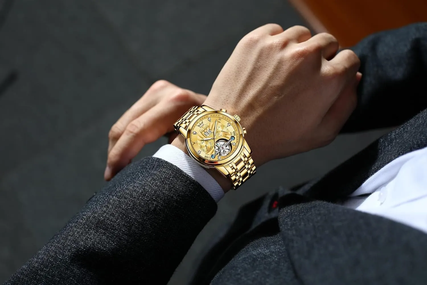 Tourbillon Wristwatch for Men OLEVS Men's Automatic Mechanical Watches Luxury Dress chimney Waterproof Self Winding Moon Phase Chronograph Stainless Steel Luminous Date 