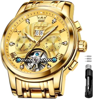 Tourbillon Wristwatch for Men OLEVS Men's Automatic Mechanical Watches Luxury Dress chimney Waterproof Self Winding Moon Phase Chronograph Stainless Steel Luminous Date 
