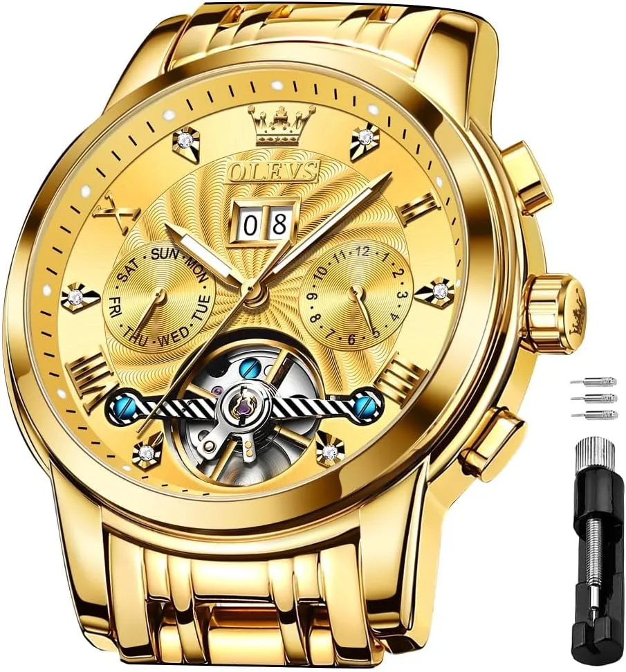 Tourbillon Wristwatch for Men OLEVS Men's Automatic Mechanical Watches Luxury Dress chimney Waterproof Self Winding Moon Phase Chronograph Stainless Steel Luminous Date 