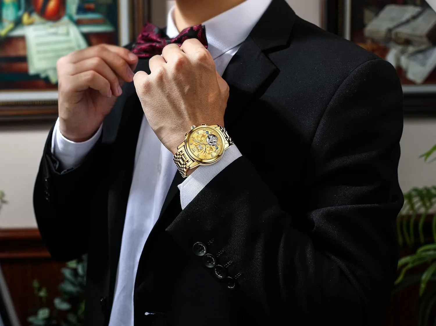 Tourbillon Wristwatch for Men OLEVS Men's Automatic Mechanical Watches Luxury Dress chimney Waterproof Self Winding Moon Phase Chronograph Stainless Steel Luminous Date 