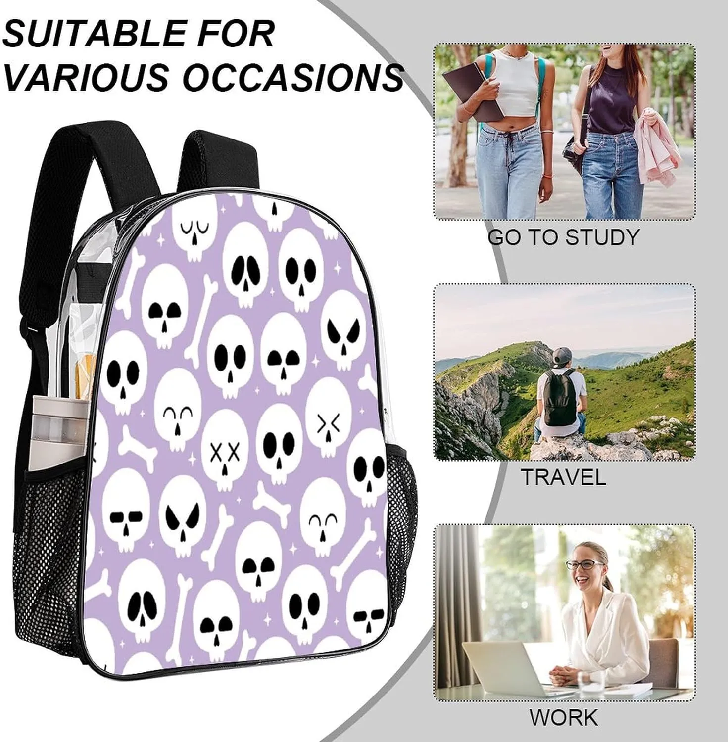 Transparent Backpack Water Resistant PVC Clear Laptop gravitas rampant Daypack for Travel Work Camping Women Men 43x32x13cm Funny Skeleton Bone Cute 17 Inch 