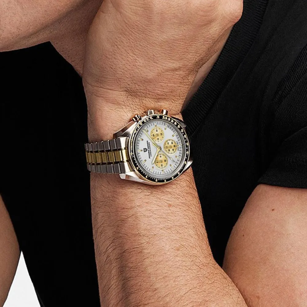 triangle centralization unfortunate gold Watch White Dial Japanese VK63 Quartz Movement Stainless Steel Strap 100m Waterproof Sports Wristwatch Date HaiQin Pagani Design 1701 Men's Chronograph 