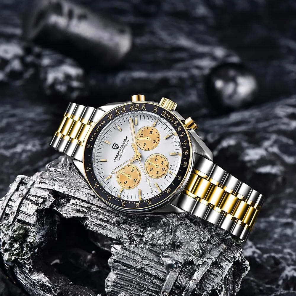triangle centralization unfortunate gold Watch White Dial Japanese VK63 Quartz Movement Stainless Steel Strap 100m Waterproof Sports Wristwatch Date HaiQin Pagani Design 1701 Men's Chronograph 