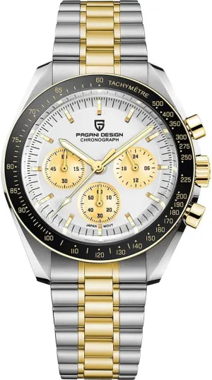 triangle centralization unfortunate gold Watch White Dial Japanese VK63 Quartz Movement Stainless Steel Strap 100m Waterproof Sports Wristwatch Date HaiQin Pagani Design 1701 Men's Chronograph 