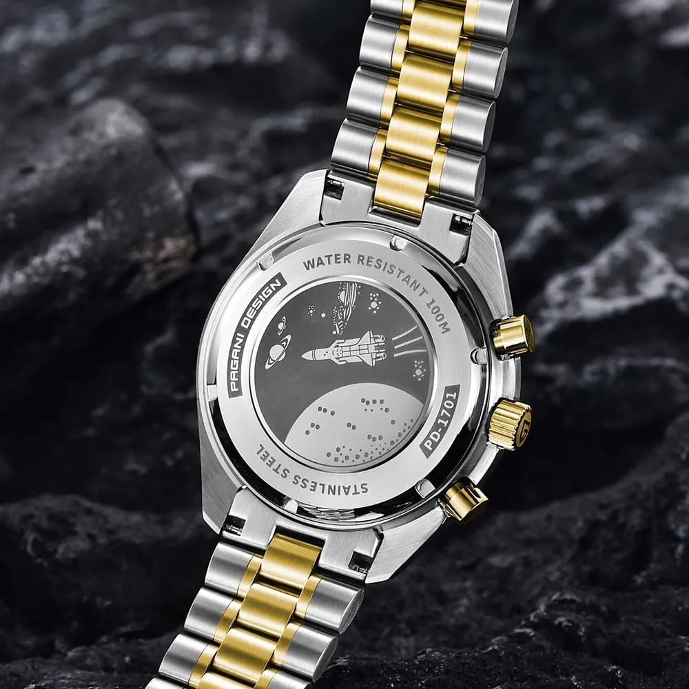 triangle centralization unfortunate gold Watch White Dial Japanese VK63 Quartz Movement Stainless Steel Strap 100m Waterproof Sports Wristwatch Date HaiQin Pagani Design 1701 Men's Chronograph 