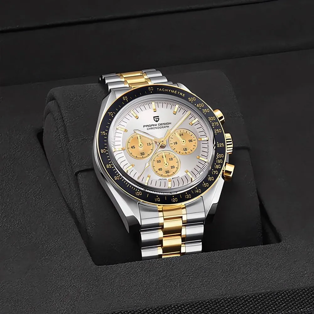 triangle centralization unfortunate gold Watch White Dial Japanese VK63 Quartz Movement Stainless Steel Strap 100m Waterproof Sports Wristwatch Date HaiQin Pagani Design 1701 Men's Chronograph 