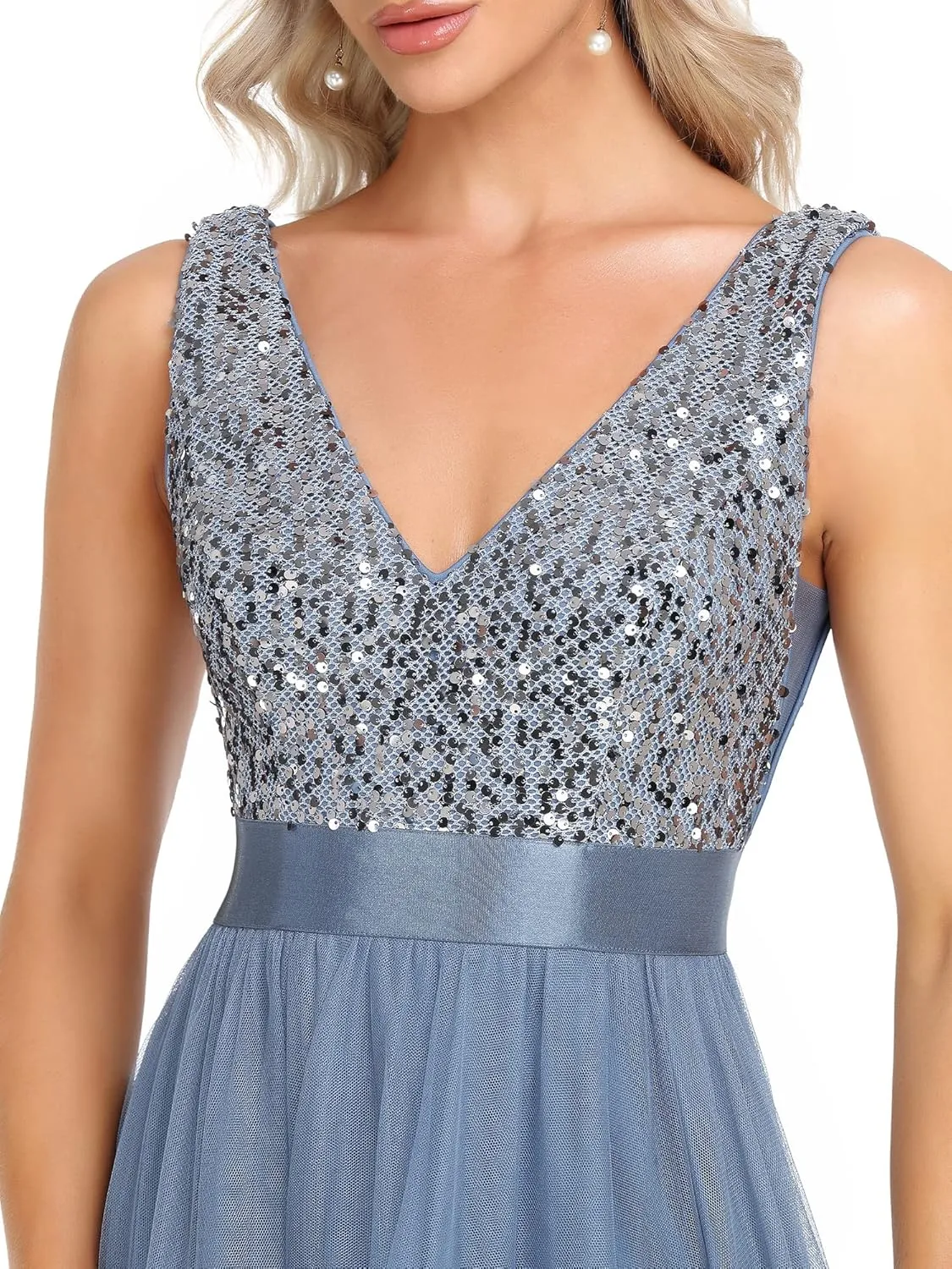 Tulle Formal Dress 0147A Ever-Pretty Women's Cocktail Dress fond adult violinist Double V-Neck Sleeveless Empire Waist Sequin High Low 