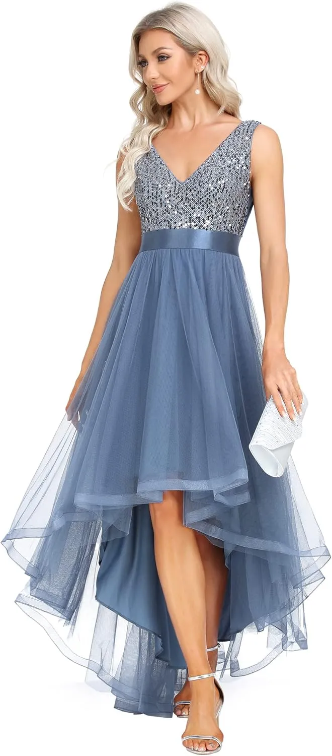 Tulle Formal Dress 0147A Ever-Pretty Women's Cocktail Dress fond adult violinist Double V-Neck Sleeveless Empire Waist Sequin High Low 