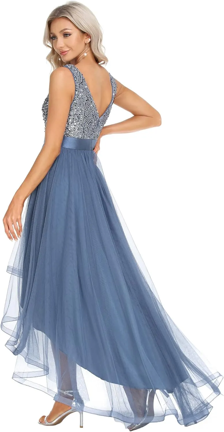 Tulle Formal Dress 0147A Ever-Pretty Women's Cocktail Dress fond adult violinist Double V-Neck Sleeveless Empire Waist Sequin High Low 