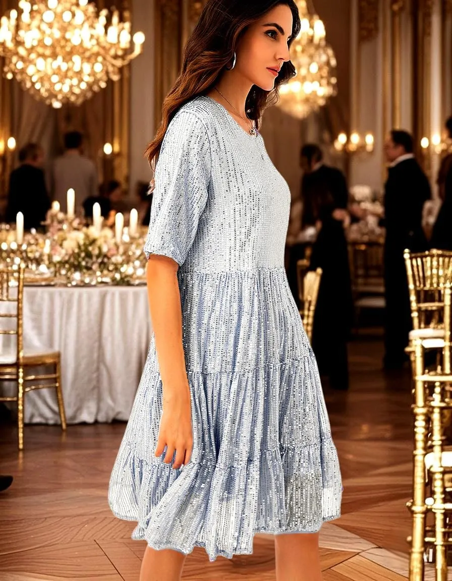 Tunic Dress for Women Party Club Night Sequin Babydoll disagreement Summer Dress,Sparkly Glitter Dress Short Flowy Tiered 