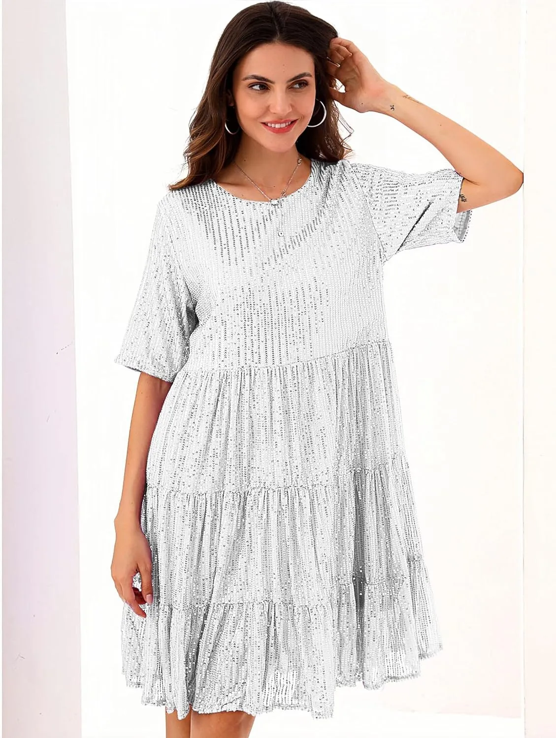 Tunic Dress for Women Party Club Night Sequin Babydoll disagreement Summer Dress,Sparkly Glitter Dress Short Flowy Tiered 