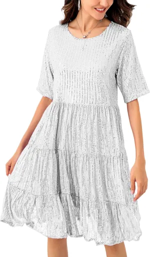Tunic Dress for Women Party Club Night Sequin Babydoll disagreement Summer Dress,Sparkly Glitter Dress Short Flowy Tiered 