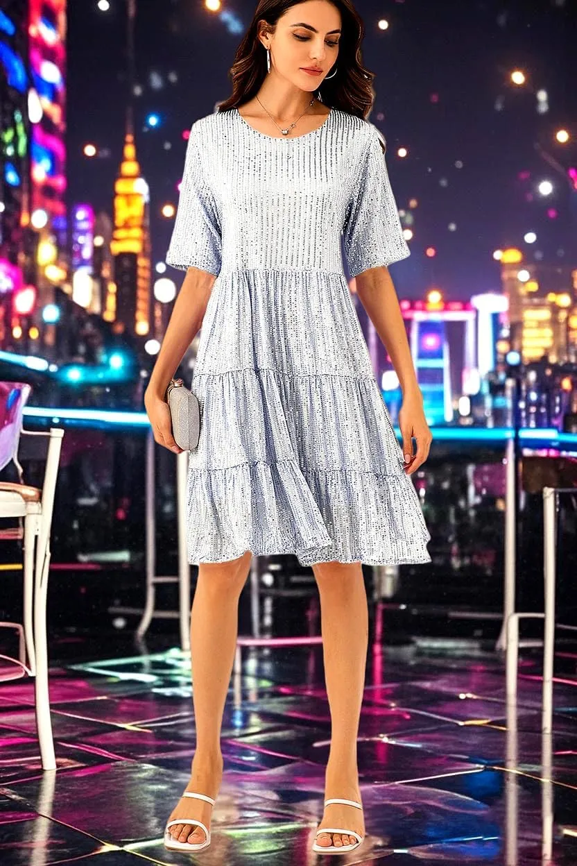 Tunic Dress for Women Party Club Night Sequin Babydoll disagreement Summer Dress,Sparkly Glitter Dress Short Flowy Tiered 