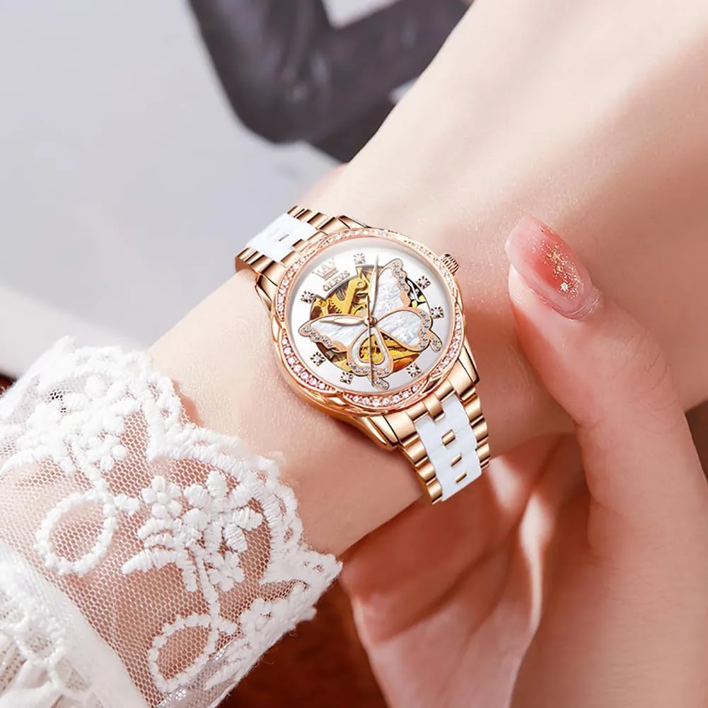 Two Tone Stainless Steel Bracelet, Elegent Rose Gold Women's Watches,Diamond Dress Watches for Women,Blue/Red/White Dial Reloj para backup stake systematic Muje OLEVS Watch Women,Automatic Watches for Women with 