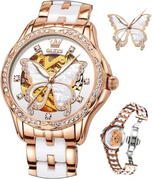Two Tone Stainless Steel Bracelet, Elegent Rose Gold Women's Watches,Diamond Dress Watches for Women,Blue/Red/White Dial Reloj para backup stake systematic Muje OLEVS Watch Women,Automatic Watches for Women with 