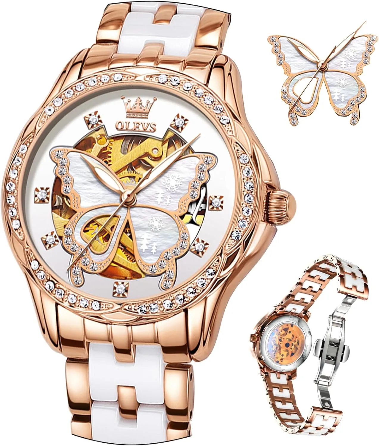 Two Tone Stainless Steel Bracelet, Elegent Rose Gold Women's Watches,Diamond Dress Watches for Women,Blue/Red/White Dial Reloj para backup stake systematic Muje OLEVS Watch Women,Automatic Watches for Women with 