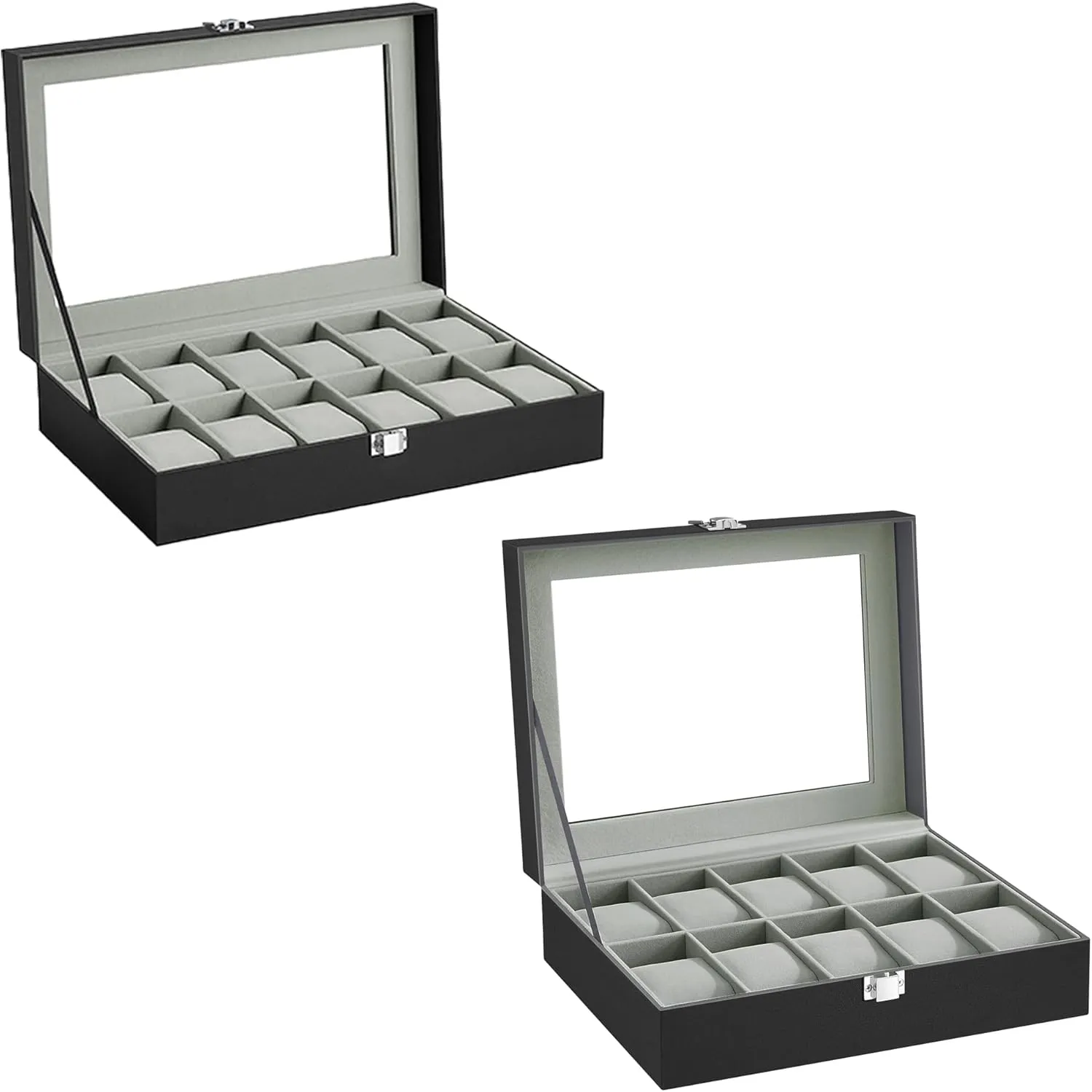 UJWB12BK and UJWB010BK SONGMICS 2 Items Bundle - Watch Boxes, 12-Slot Watch Box with Large Glass attract Lid and Removable Watch Pillows, 10-Slot Watch Case, Black Synthetic Leather, Gray Lining 