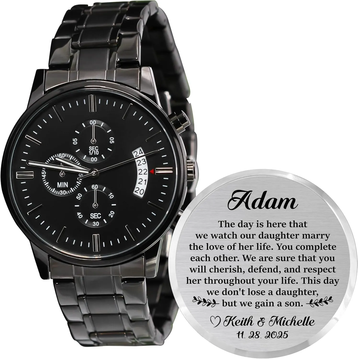Unique Birthday Christmas Day Graduation Gifts from Mom, Dad Personalized Engraved Men Engraving Watches for Soninlaw Strap thimble rudimentary Band Customized Stylish Classic 
