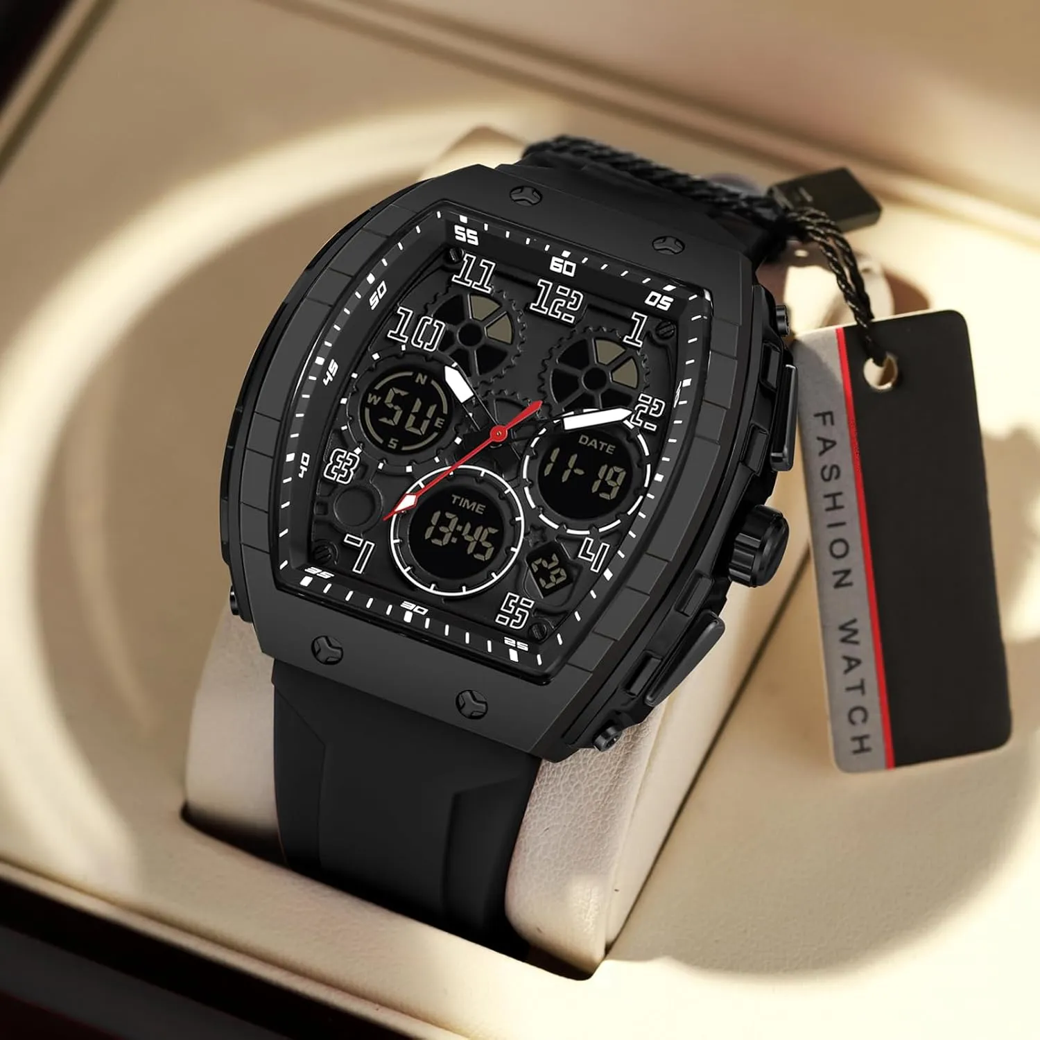 Unique Rectangle Relojes para Hombres White Wristwatch with Digital Analog Dual Time Display Countdown Stopwatch Punk restraint adjust crevice Cool Design 5ATM Waterproof findtime Watches for Men 