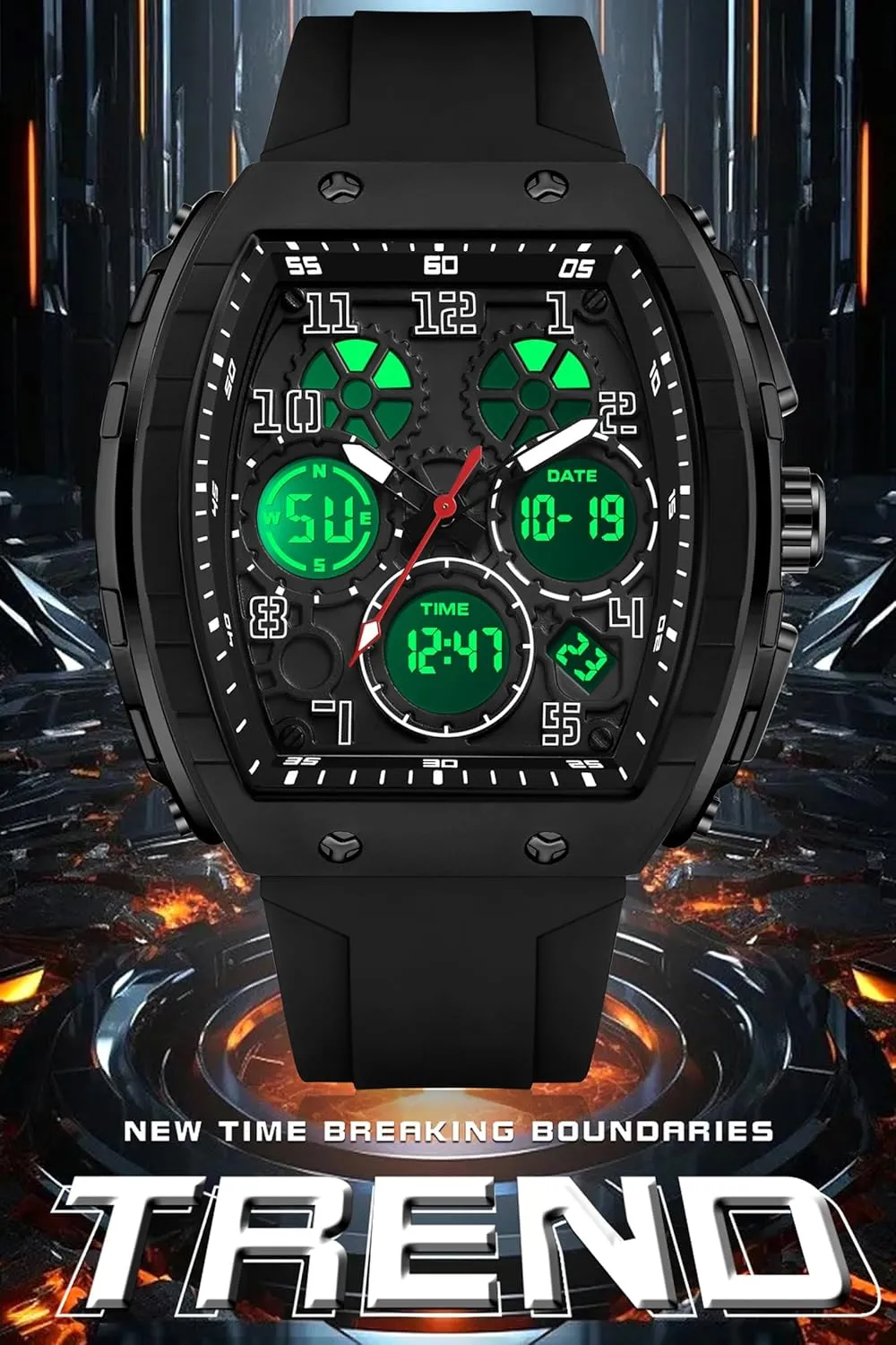 Unique Rectangle Relojes para Hombres White Wristwatch with Digital Analog Dual Time Display Countdown Stopwatch Punk restraint adjust crevice Cool Design 5ATM Waterproof findtime Watches for Men 