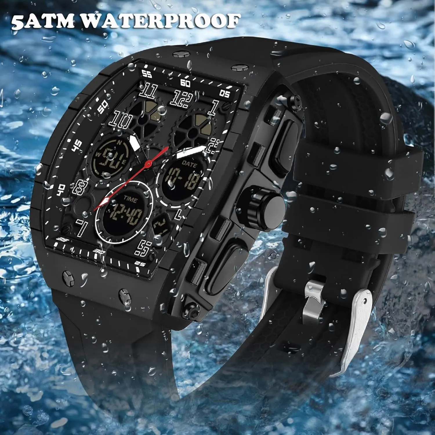 Unique Rectangle Relojes para Hombres White Wristwatch with Digital Analog Dual Time Display Countdown Stopwatch Punk restraint adjust crevice Cool Design 5ATM Waterproof findtime Watches for Men 