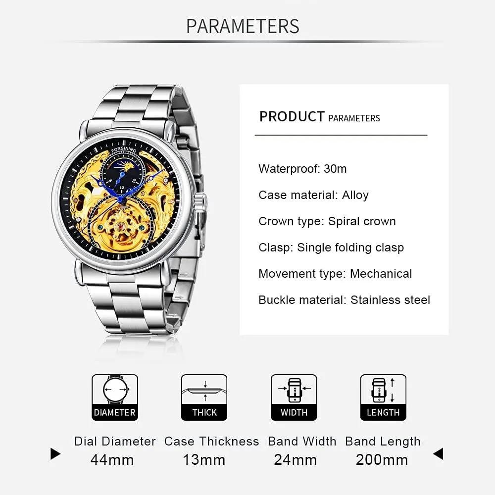 variation clan Watch Luxury Skeleton Mechanical Stainless Steel Waterproof Black Automatic Self-Winding Wrist Watches for Men Tiong Mens 