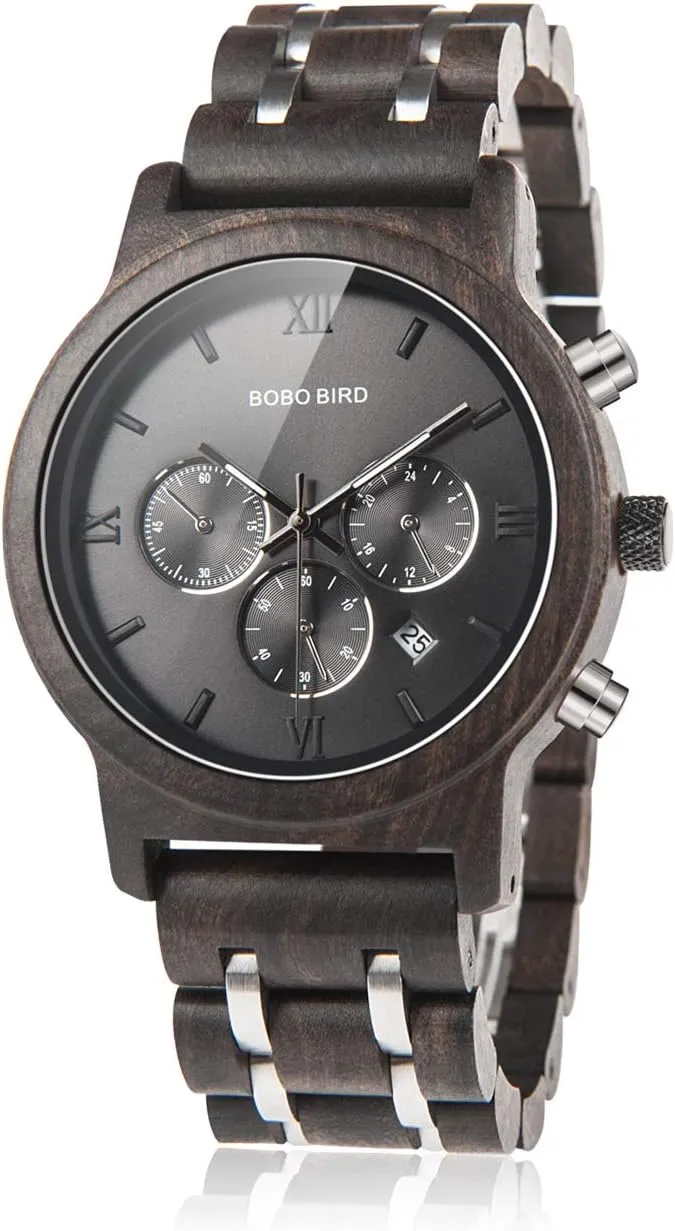 Versatile Male Timepieces BOBO BIRD cajun Mens Wooden Watches Luxury Wood Metal Strap Chronograph & Date Display Quartz Watch 