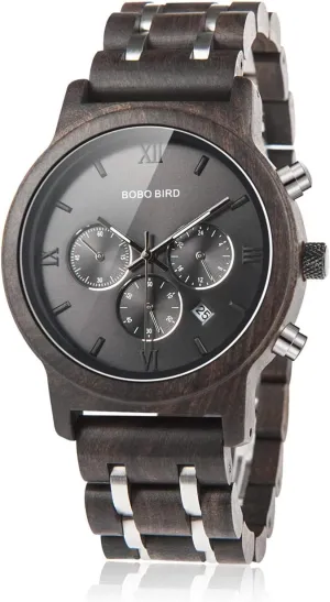 Versatile Male Timepieces BOBO BIRD cajun Mens Wooden Watches Luxury Wood Metal Strap Chronograph & Date Display Quartz Watch 