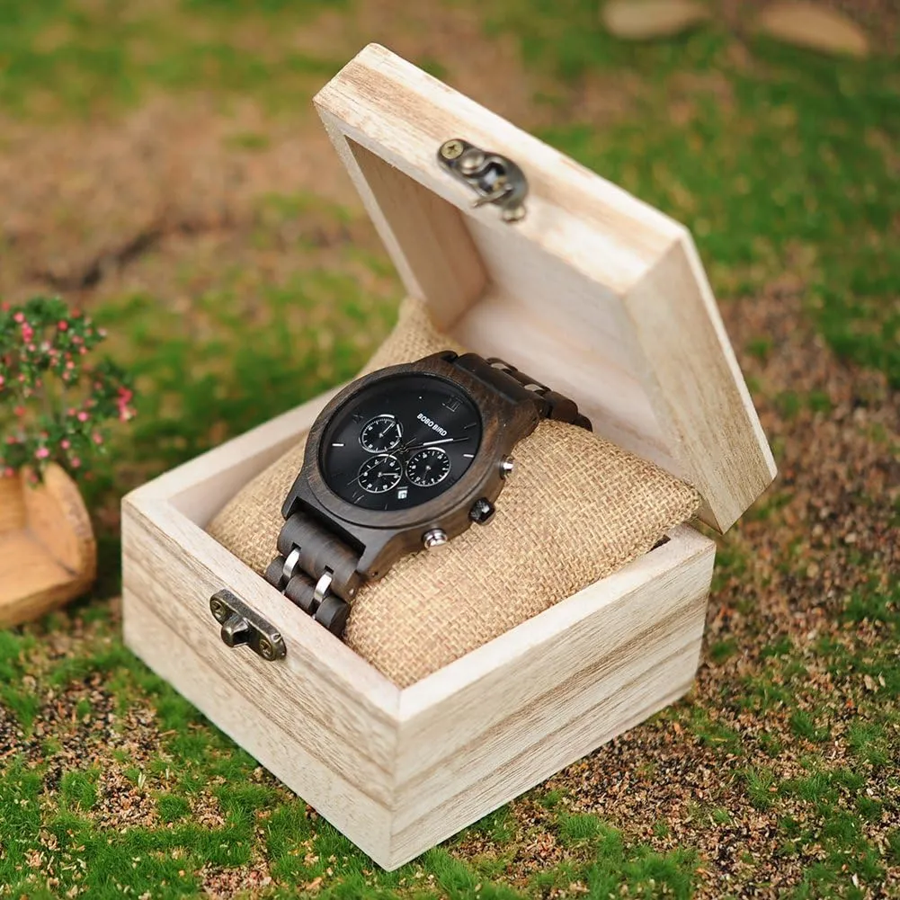Versatile Male Timepieces BOBO BIRD cajun Mens Wooden Watches Luxury Wood Metal Strap Chronograph & Date Display Quartz Watch 