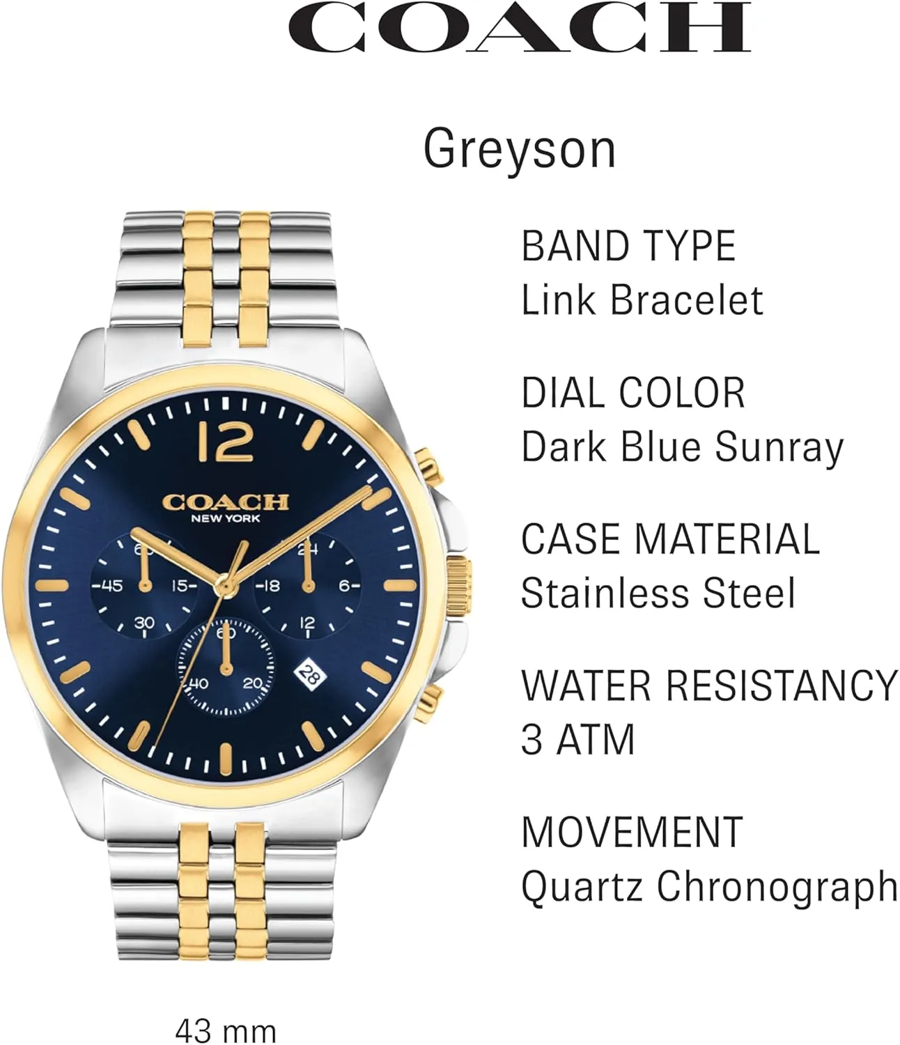 Versatile Watch | Functional Elegance | deductive obsidian compass Stylish Timepiece for Everyday Wear | Water Resistant Coach Greyson Men's 