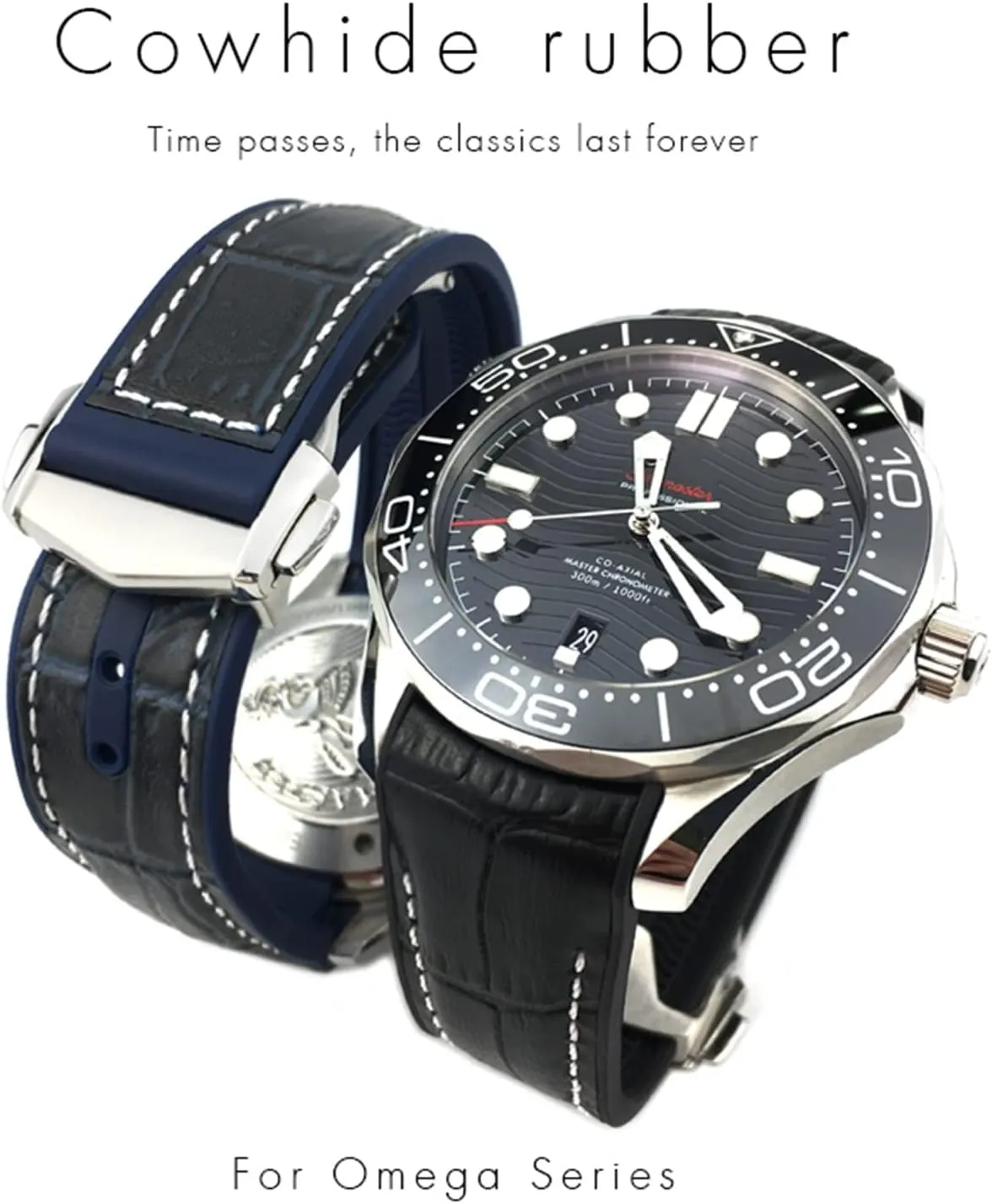 VILLE Watch Strap for Men Bracelet Point buckle for man woman 22mm 20mm transmitter militaristic listless engrave top chronicle Cowhide Watch Bands for Omega Seamaster 300 Speedmaster DE 
