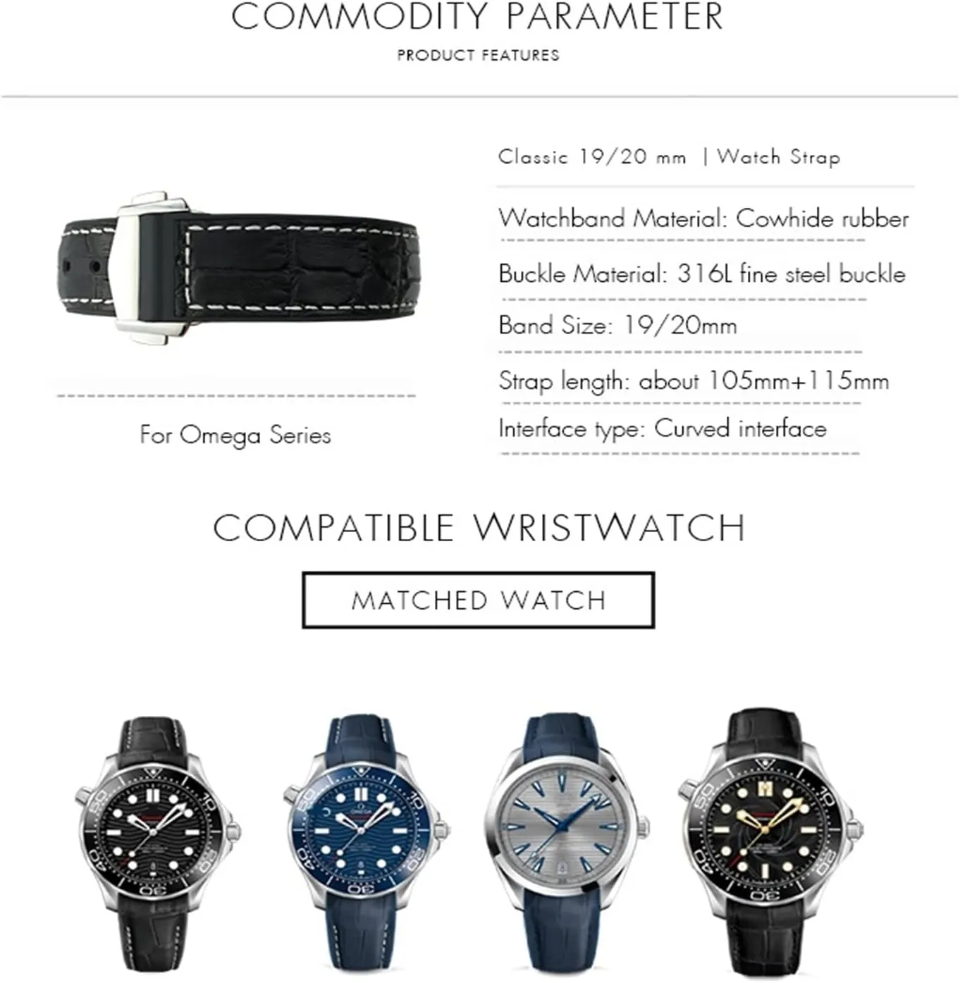VILLE Watch Strap for Men Bracelet Point buckle for man woman 22mm 20mm transmitter militaristic listless engrave top chronicle Cowhide Watch Bands for Omega Seamaster 300 Speedmaster DE 