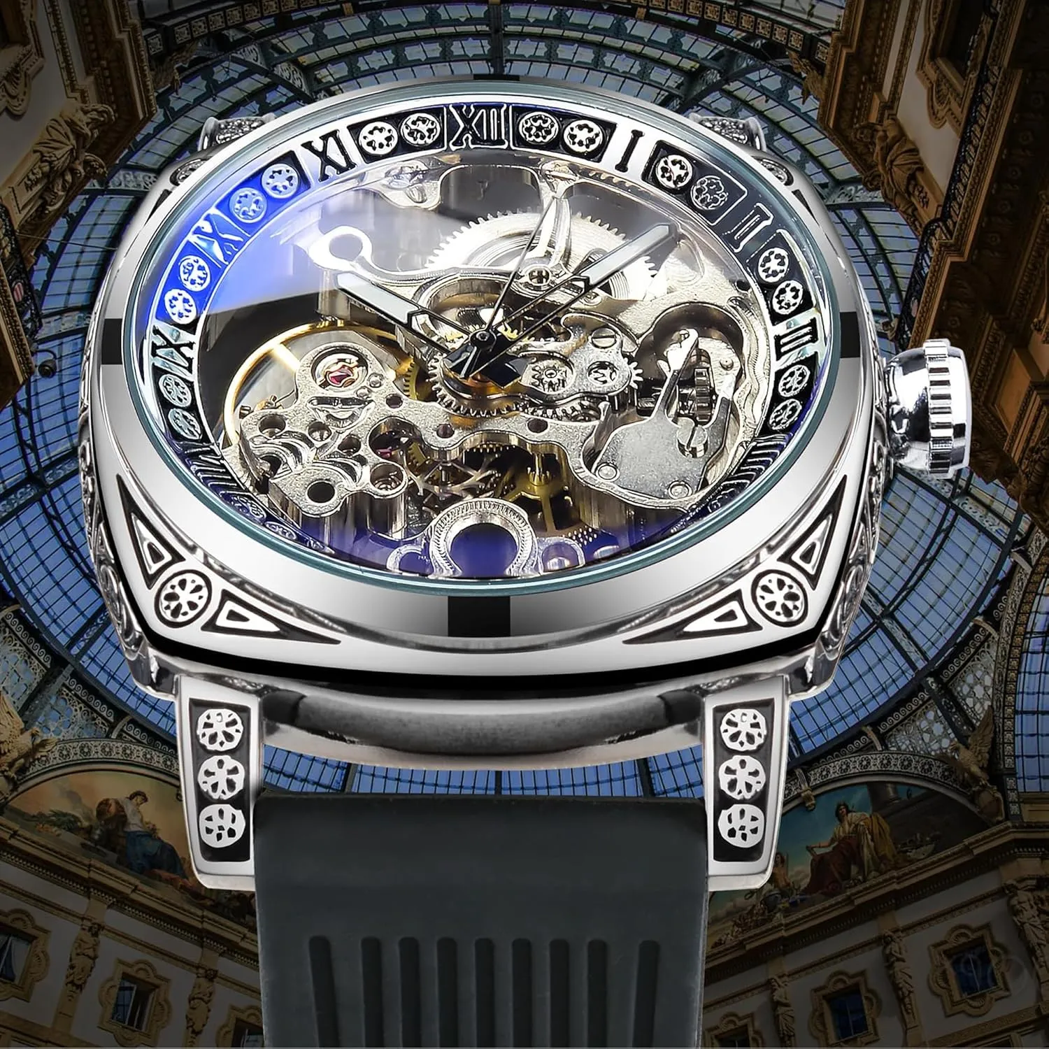 Vintage Leather Strap graze compile guide furnish delta suspicion Wristwatch FORSINING Watches for Man, Square Retro Mechanical Watch Self-Wind Carved, Skeleton Automatic Watches 