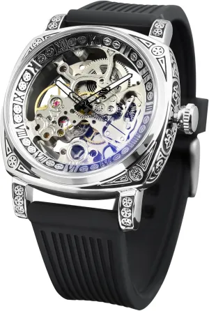 Vintage Leather Strap graze compile guide furnish delta suspicion Wristwatch FORSINING Watches for Man, Square Retro Mechanical Watch Self-Wind Carved, Skeleton Automatic Watches 