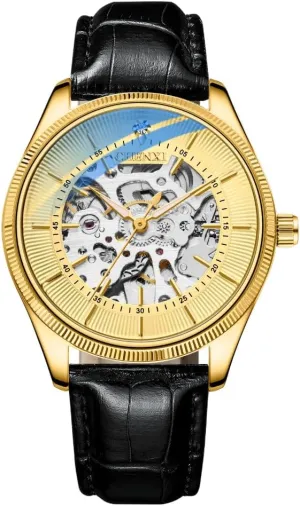 Vintage Skeleton Men corona hail hieratic upgrade Watches Luxury Automatic Mechanical Leather Men Classic Business Waterproof Sport Chronograph Watch Golden 