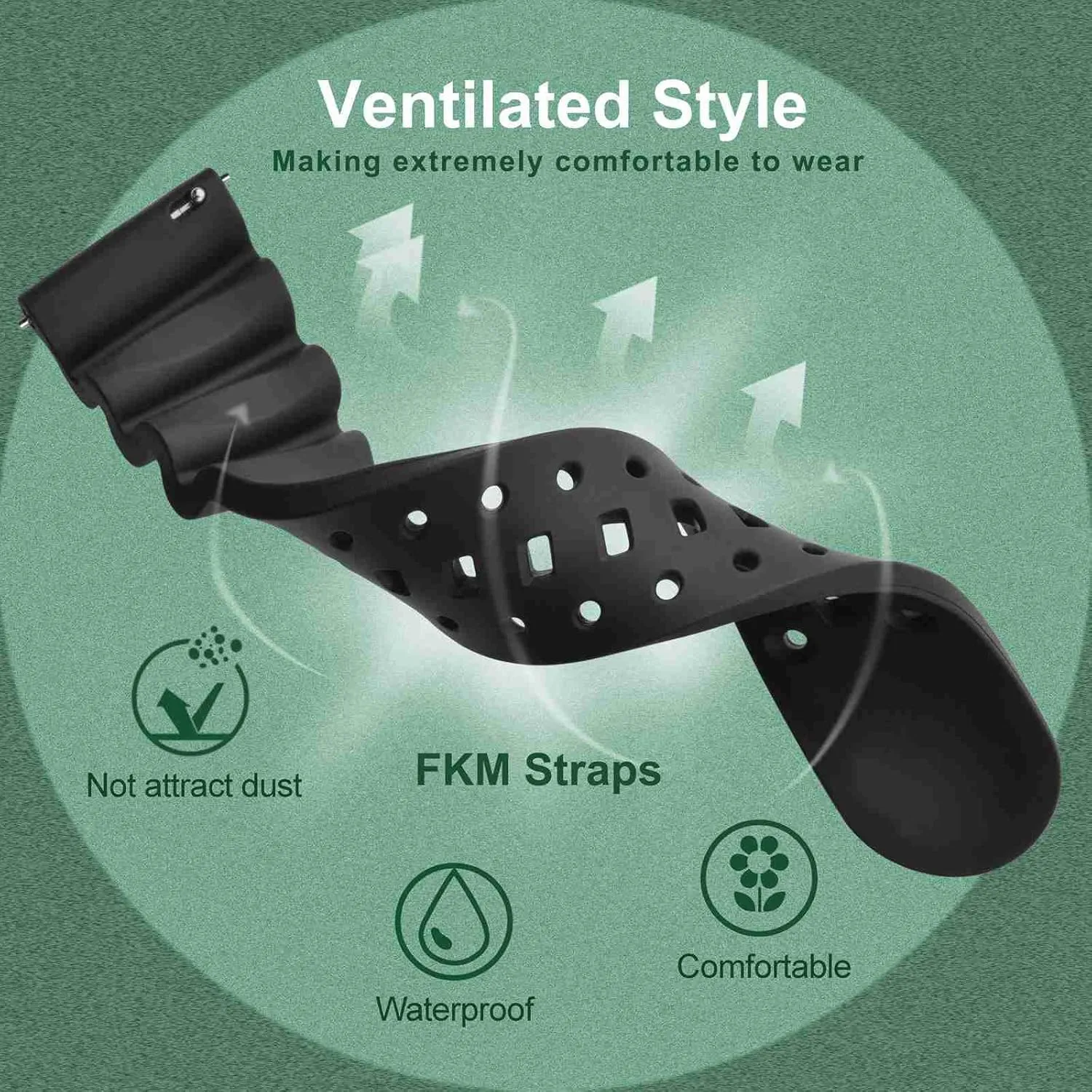 voice Ventilated Watch Band for Men, FKM Rubber, Silver Buckle (Black) WOCCI 22mm 